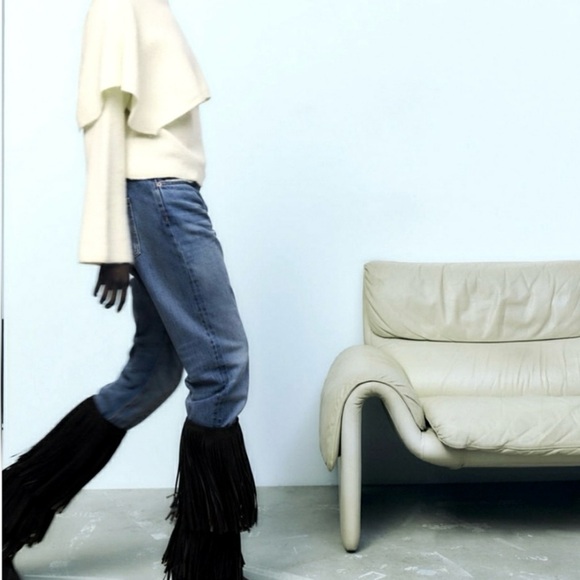 Zara Black Fringe Heeled Knee High Suede Boots Western Maximalism CoastalCowgirl - Picture 12 of 16
